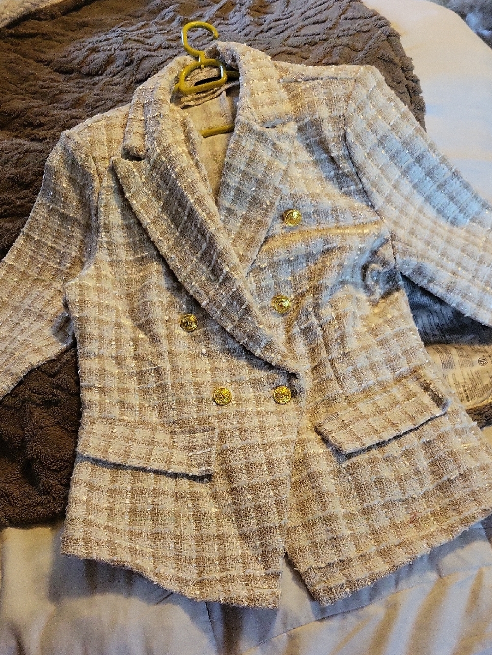 SHEIN Beige Tweed Double-Breasted Blazer with Gold Buttons